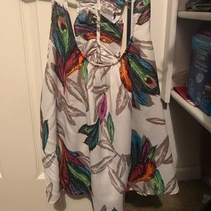 Peacock print tank with ruffle back detail
